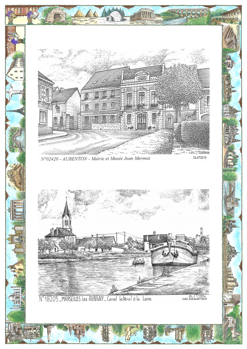 MONOCARTE N 02420-18205 - AUBENTON - mairie et mus�e jean mermoz / MARSEILLES LES AUBIGNY - canal lat�ral � la loire