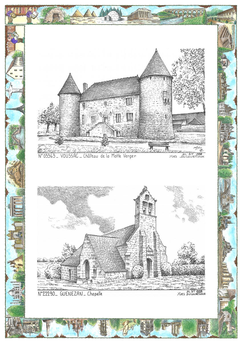 MONOCARTE N 03363-22290 - VOUSSAC - ch�teau de la motte verger / BEGARD - chapelle de gu�nezan