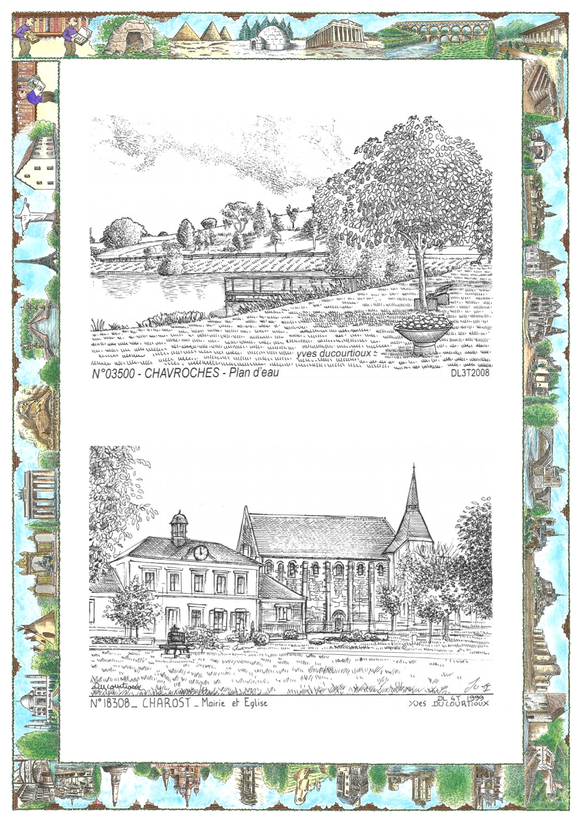 MONOCARTE N 03500-18308 - CHAVROCHES - plan d eau / CHAROST - mairie et �glise