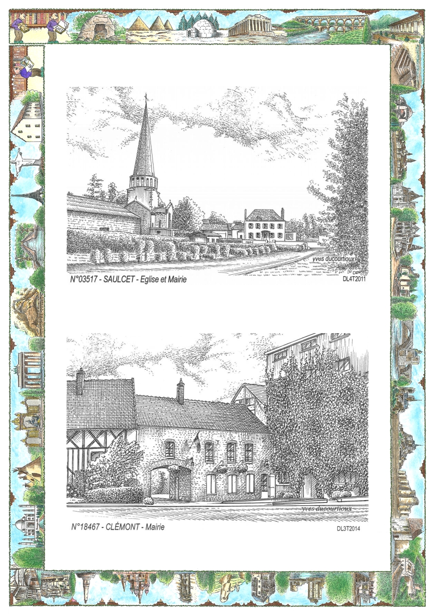 MONOCARTE N 03517-18467 - SAULCET - �glise et mairie / CLEMONT - mairie