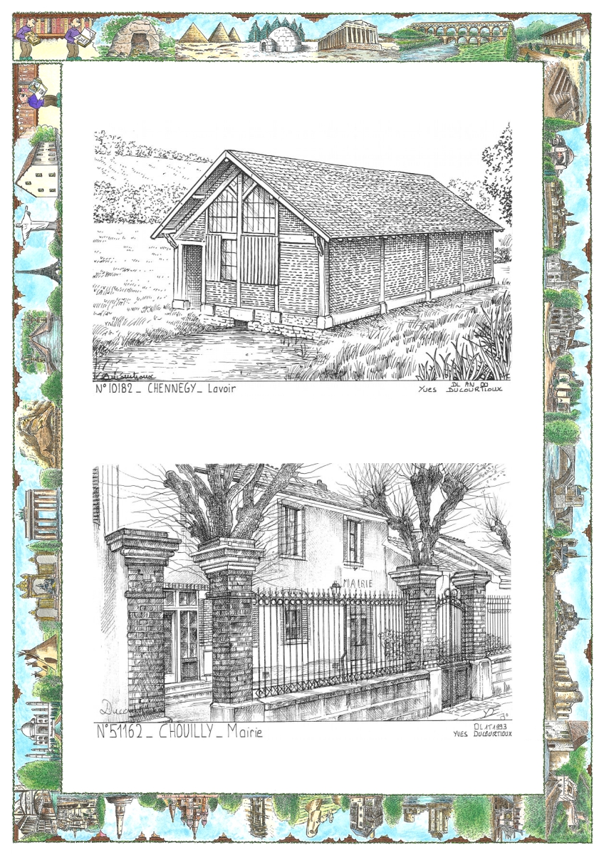 MONOCARTE N 10182-51162 - CHENNEGY - lavoir / CHOUILLY - mairie