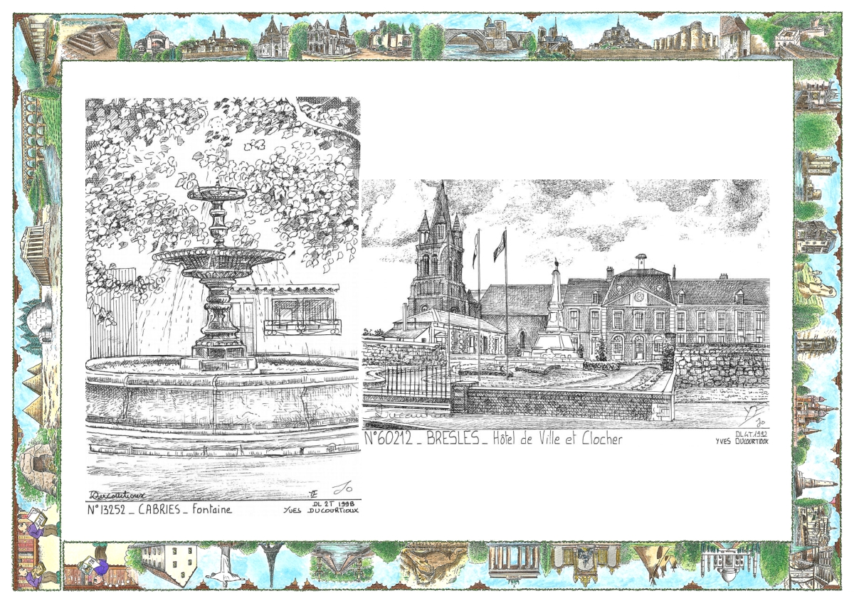 MONOCARTE N 13252-60212 - CABRIES - fontaine / BRESLES - h�tel de ville et clocher