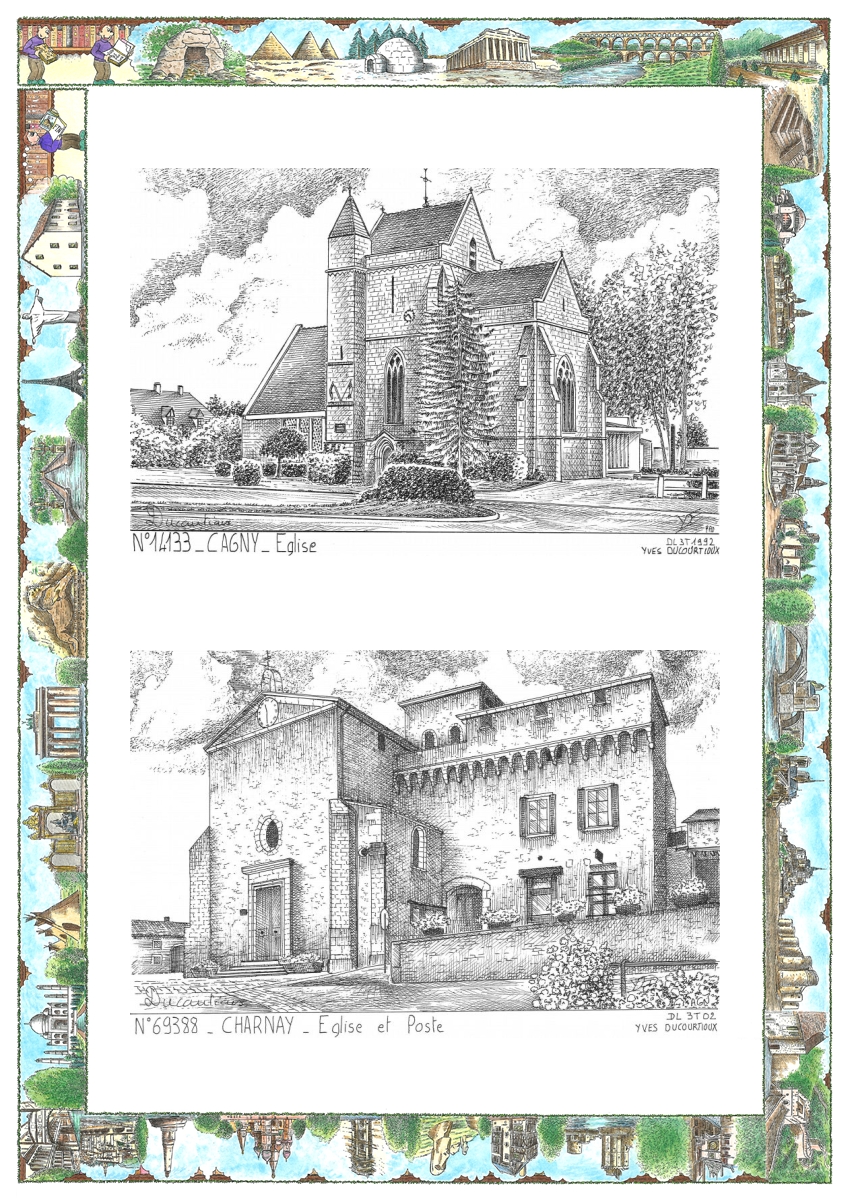 MONOCARTE N 14133-69388 - CAGNY - �glise / CHARNAY - �glise et poste