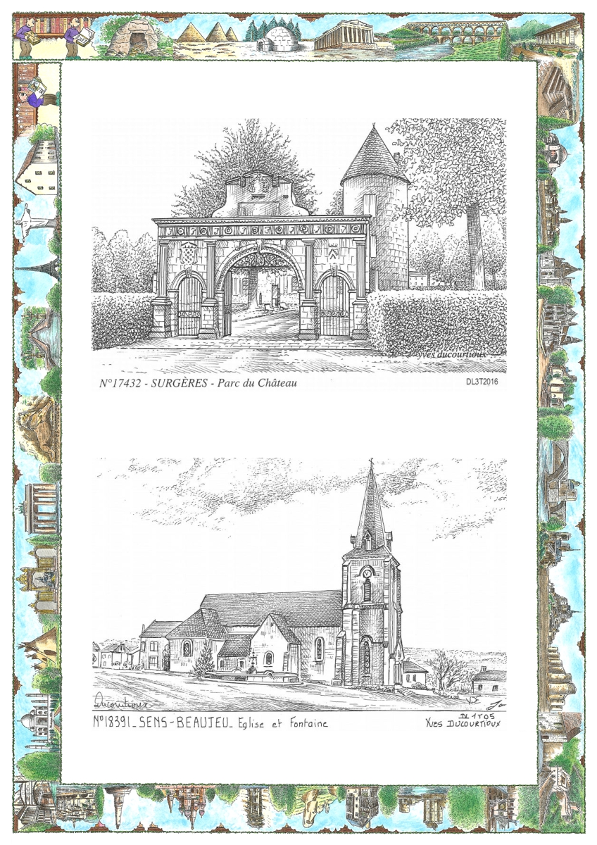 MONOCARTE N 17432-18391 - SURGERES - parc du ch�teau / SENS BEAUJEU - �glise et fontaine