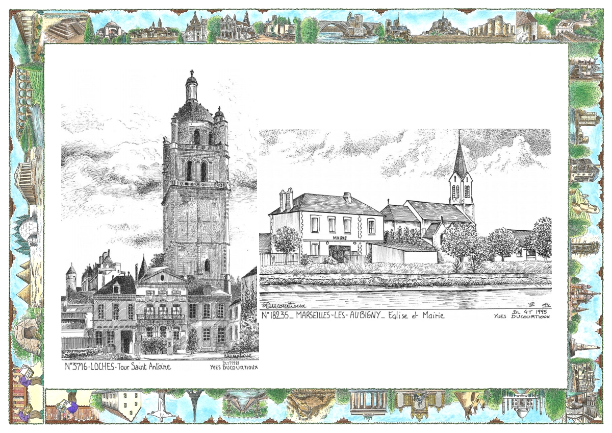 MONOCARTE N 18235-37016 - MARSEILLES LES AUBIGNY - mairie et �glise / LOCHES - tour st antoine