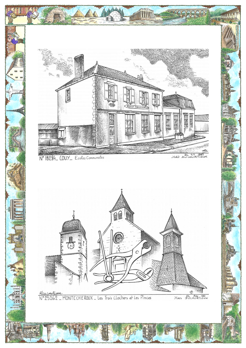 MONOCARTE N 18284-25262 - COUY - �coles communales / MONTECHEROUX - les 3 clochers et les pinces