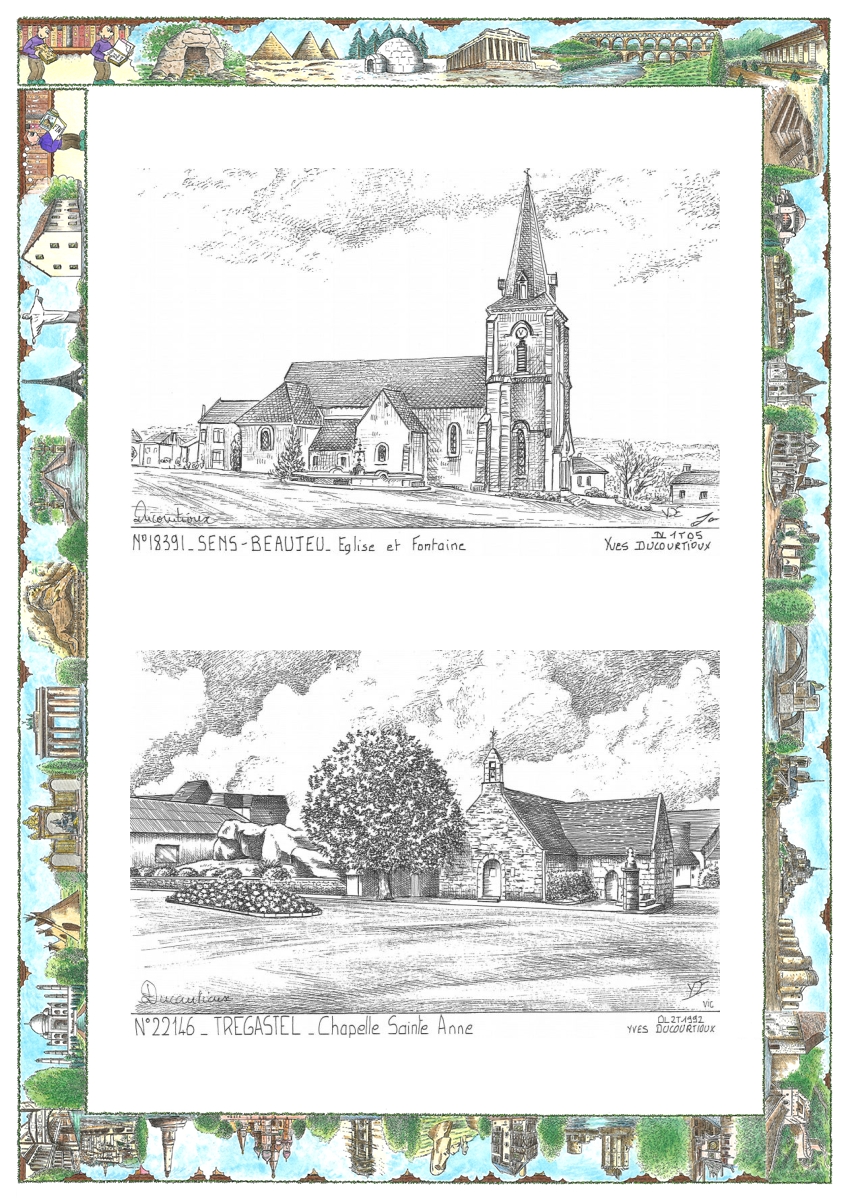 MONOCARTE N 18391-22146 - SENS BEAUJEU - �glise et fontaine / TREGASTEL - chapelle ste anne