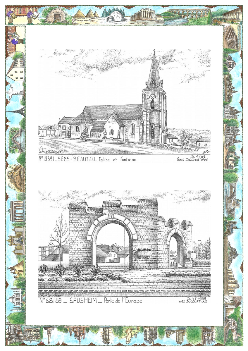 MONOCARTE N 18391-68189 - SENS BEAUJEU - �glise et fontaine / SAUSHEIM - porte de l europe