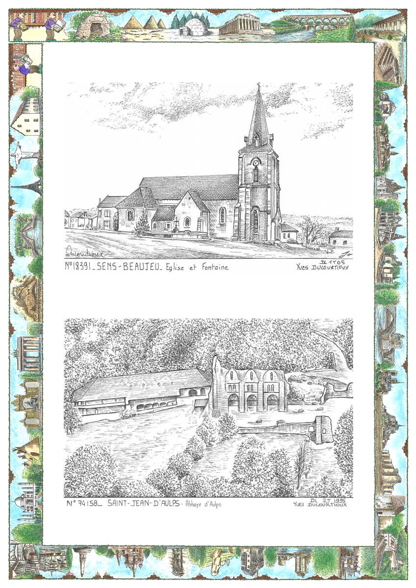 MONOCARTE N 18391-74158 - SENS BEAUJEU - �glise et fontaine / ST JEAN D AULPS - abbaye d aulps