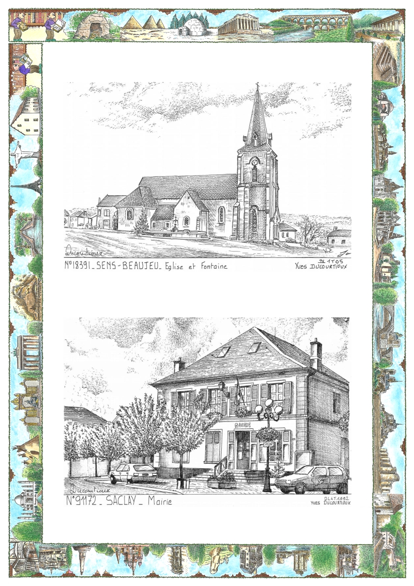 MONOCARTE N 18391-91172 - SENS BEAUJEU - �glise et fontaine / SACLAY - mairie