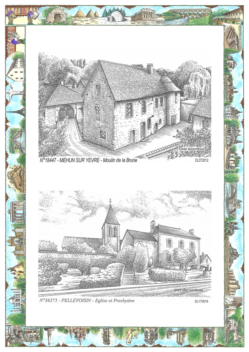 MONOCARTE N 18447-36375 - MEHUN SUR YEVRE - moulin de la brune / PELLEVOISIN - �glise et presbyt�re