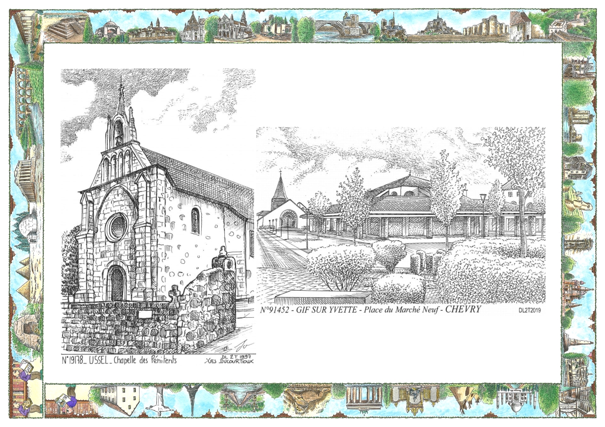 MONOCARTE N 19178-91452 - USSEL - chapelle des p�nitents / GIF SUR YVETTE - place du march� neuf  chevry