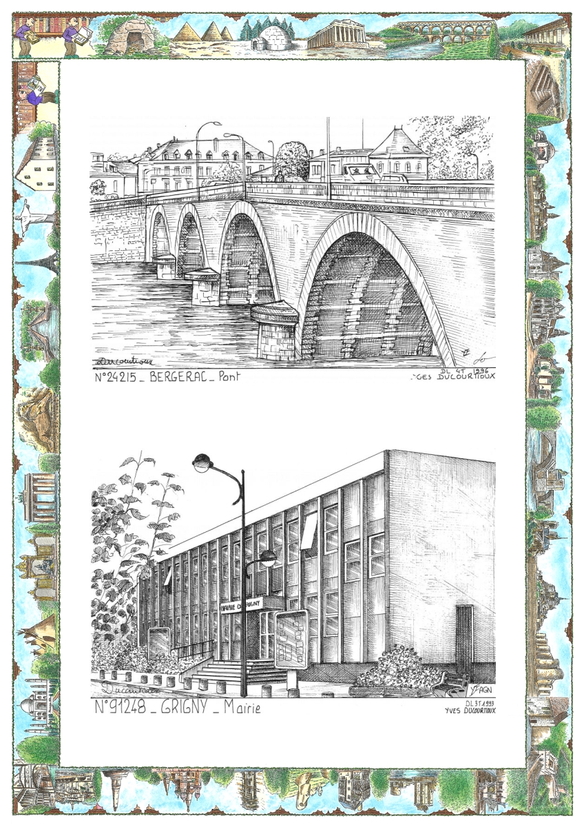 MONOCARTE N 24215-91248 - BERGERAC - pont / GRIGNY - mairie
