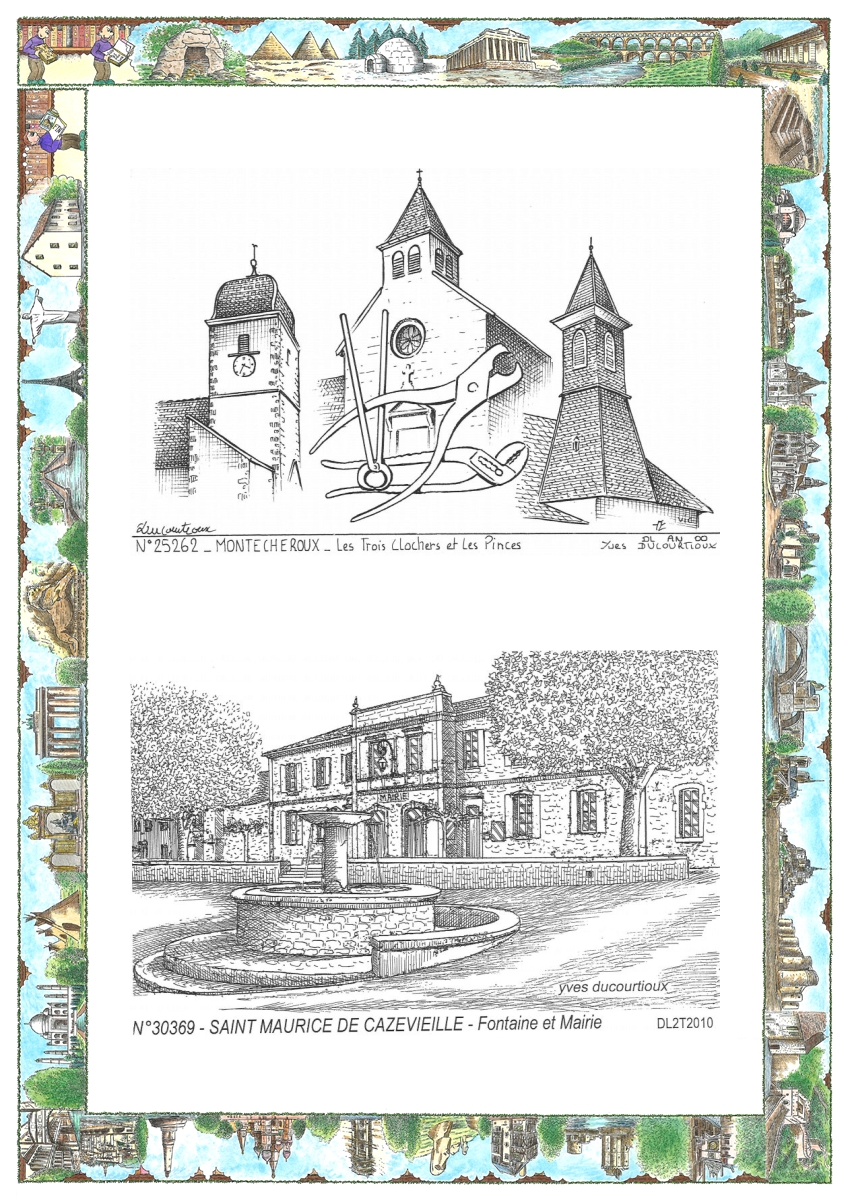 MONOCARTE N 25262-30369 - MONTECHEROUX - les 3 clochers et les pinces / ST MAURICE DE CAZEVIEILLE - fontaine et mairie