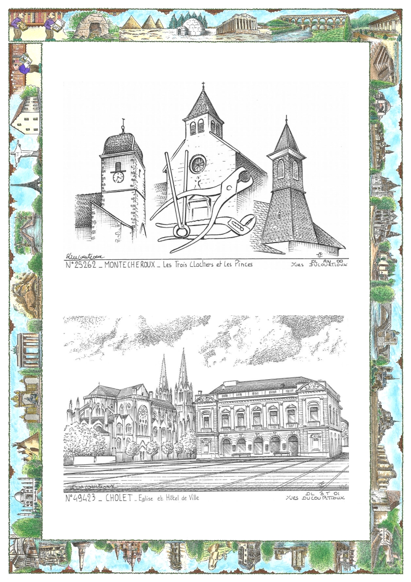 MONOCARTE N 25262-49423 - MONTECHEROUX - les 3 clochers et les pinces / CHOLET - place travot