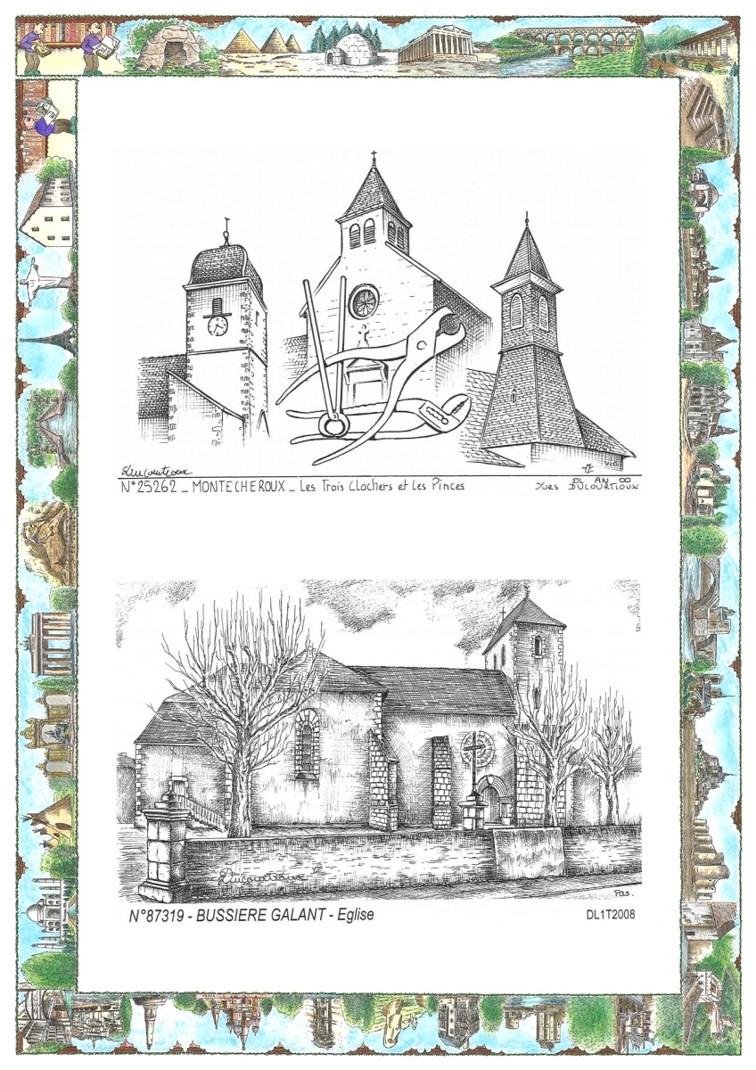 MONOCARTE N 25262-87319 - MONTECHEROUX - les 3 clochers et les pinces / BUSSIERE GALANT - �glise