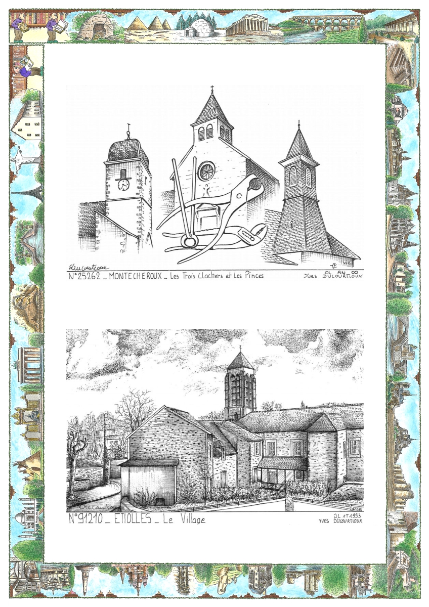 MONOCARTE N 25262-91210 - MONTECHEROUX - les 3 clochers et les pinces / ETIOLLES - le village