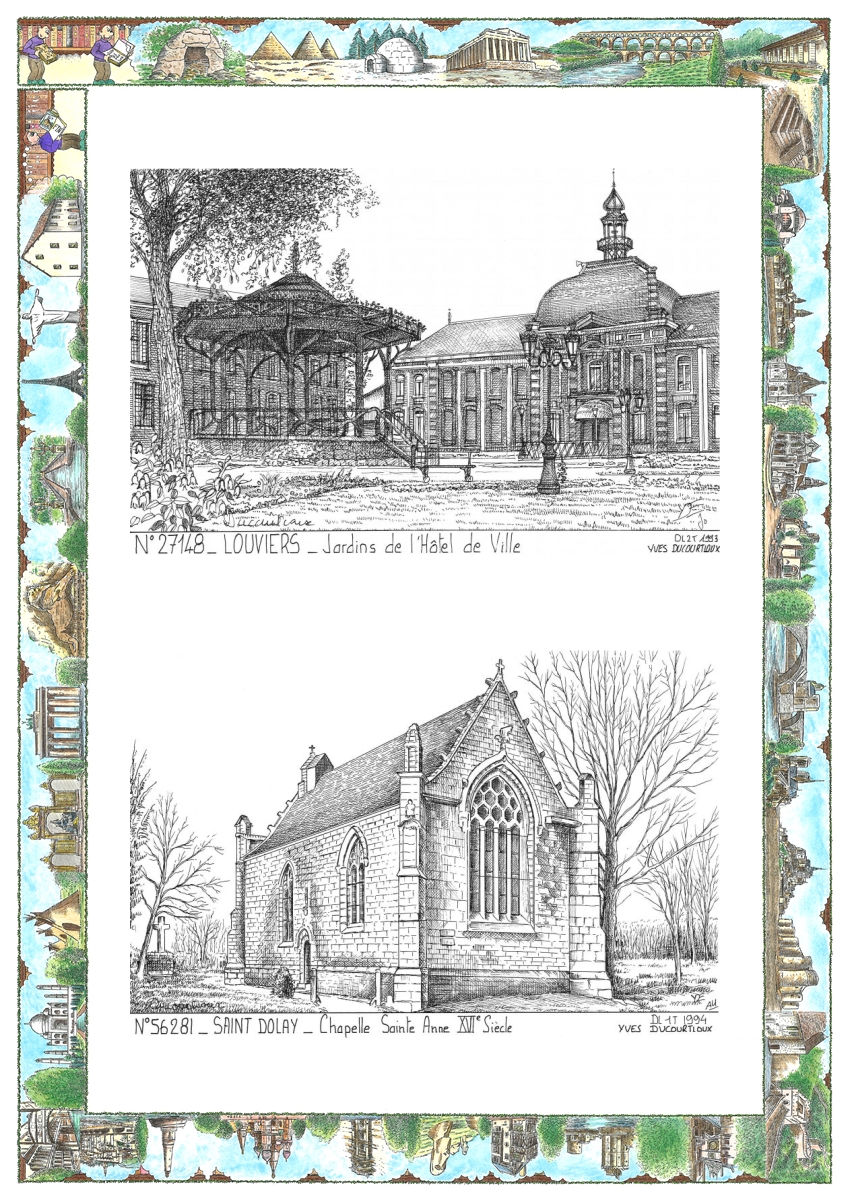 MONOCARTE N 27148-56281 - LOUVIERS - jardins de l h�tel de ville / ST DOLAY - chapelle ste anne XVI� si�cle
