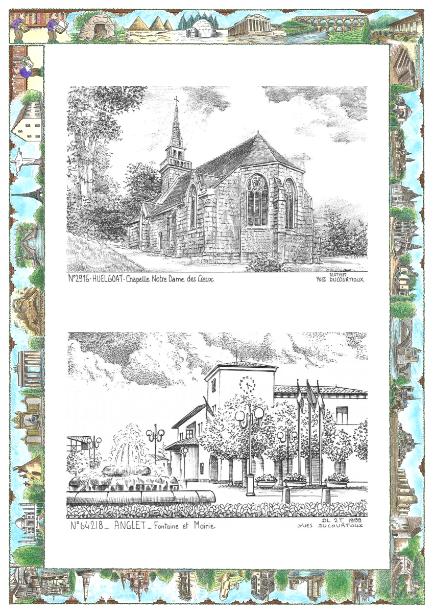 MONOCARTE N 29016-64218 - HUELGOAT - chapelle notre dame des cieux / ANGLET - fontaine et mairie