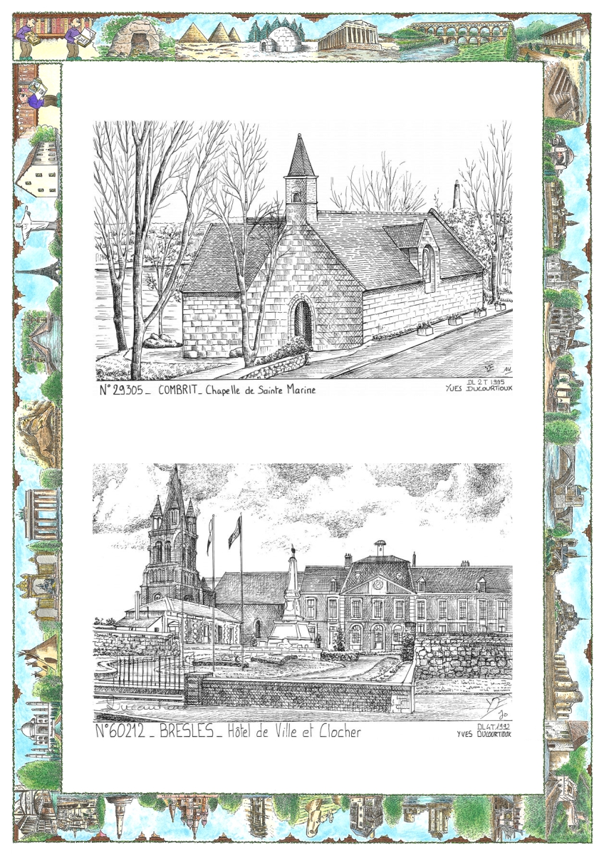 MONOCARTE N 29305-60212 - COMBRIT - chapelle de sainte marine / BRESLES - h�tel de ville et clocher