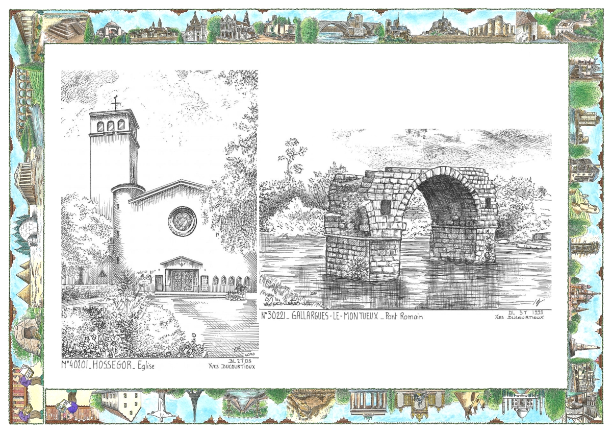 MONOCARTE N 30221-40201 - GALLARGUES LE MONTUEUX - pont romain / HOSSEGOR - �glise