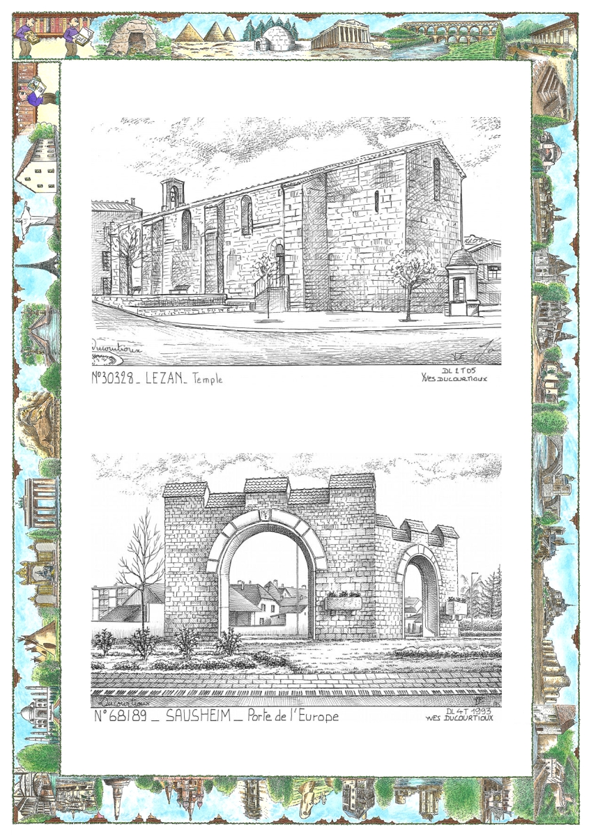 MONOCARTE N 30328-68189 - LEZAN - temple / SAUSHEIM - porte de l europe