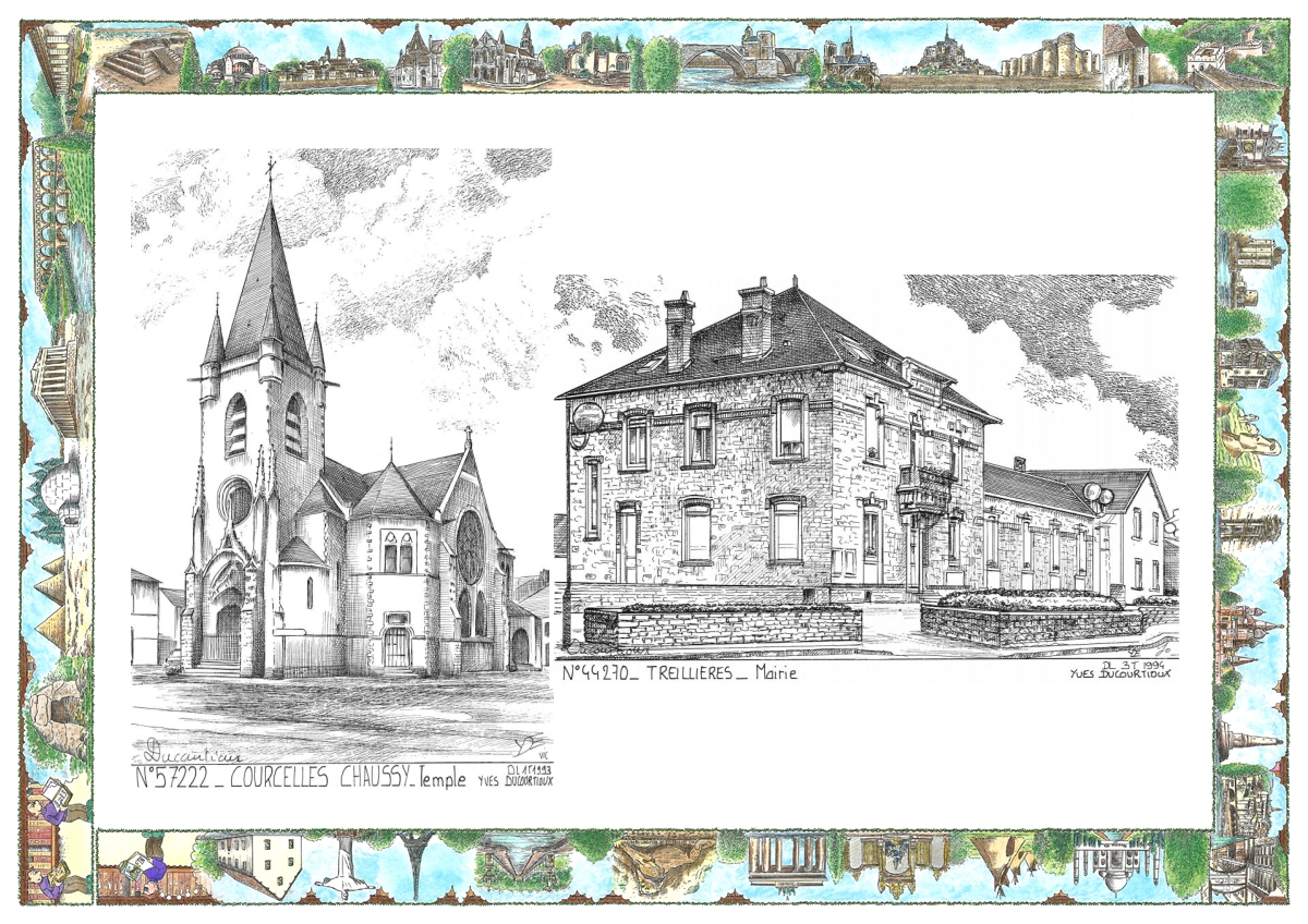 MONOCARTE N 44270-57222 - TREILLIERES - mairie / COURCELLES CHAUSSY - temple