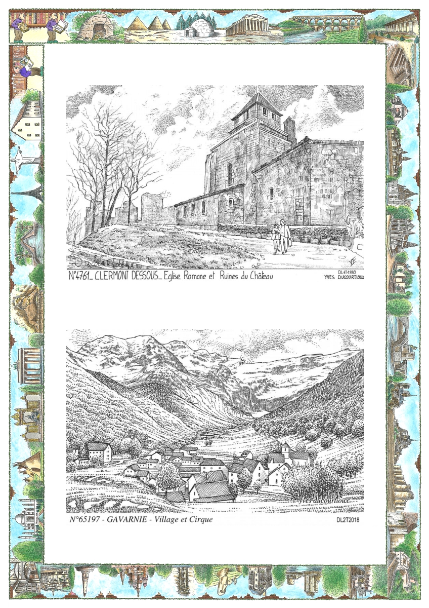 MONOCARTE N 47061-65197 - CLERMONT DESSOUS - �glise et ruines du ch�teau / GAVARNIE - village et cirque