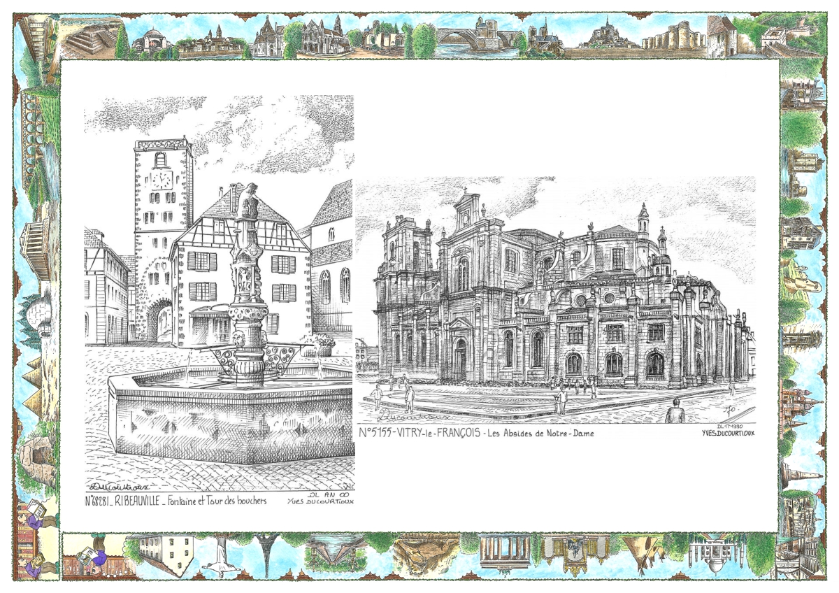 MONOCARTE N 51055-68281 - VITRY LE FRANCOIS - les absides de notre dame / RIBEAUVILLE - fontaine et tour des bouchers