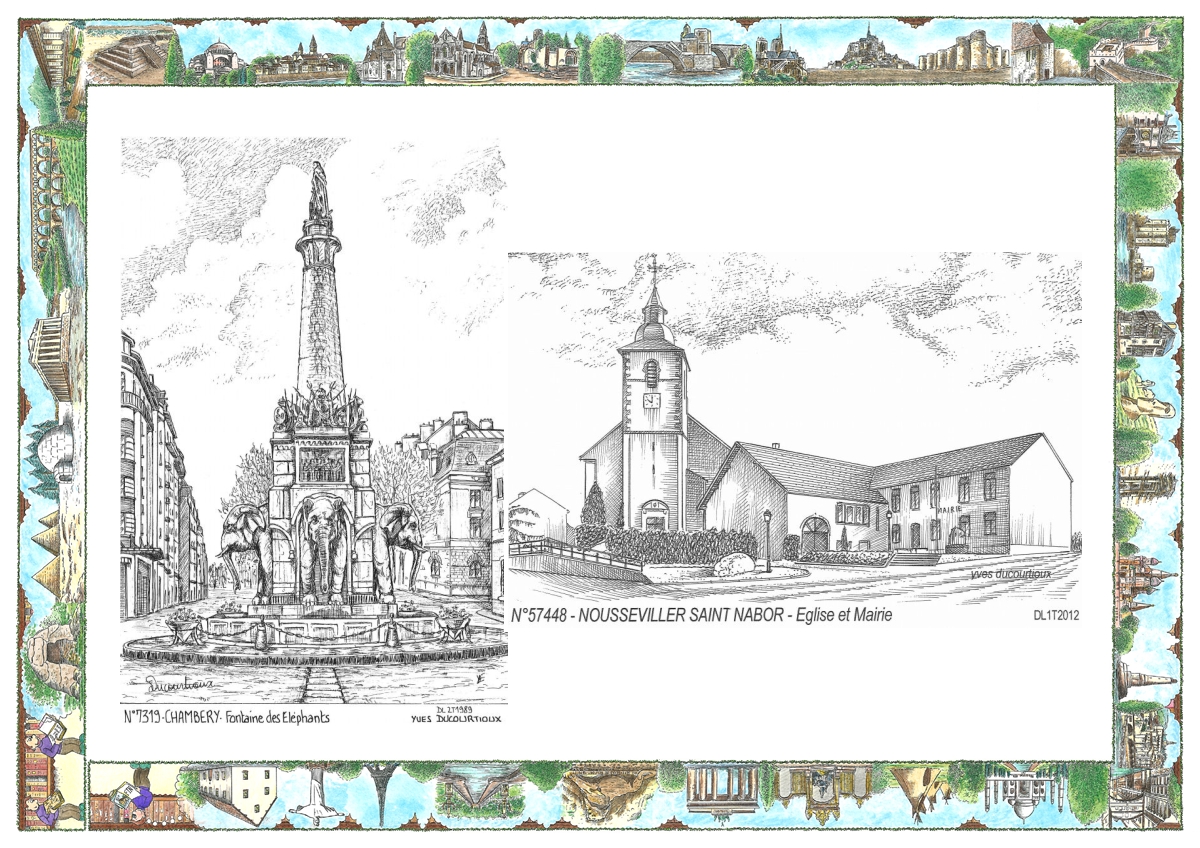 MONOCARTE N 57448-73019 - NOUSSEVILLER ST NABOR - �glise et mairie / CHAMBERY - fontaine des �l�phants