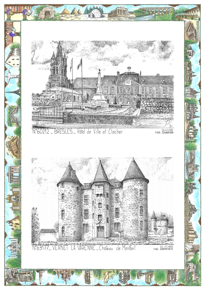 MONOCARTE N 60212-63177 - BRESLES - h�tel de ville et clocher / VERNET LA VARENNE - ch�teau de montfort