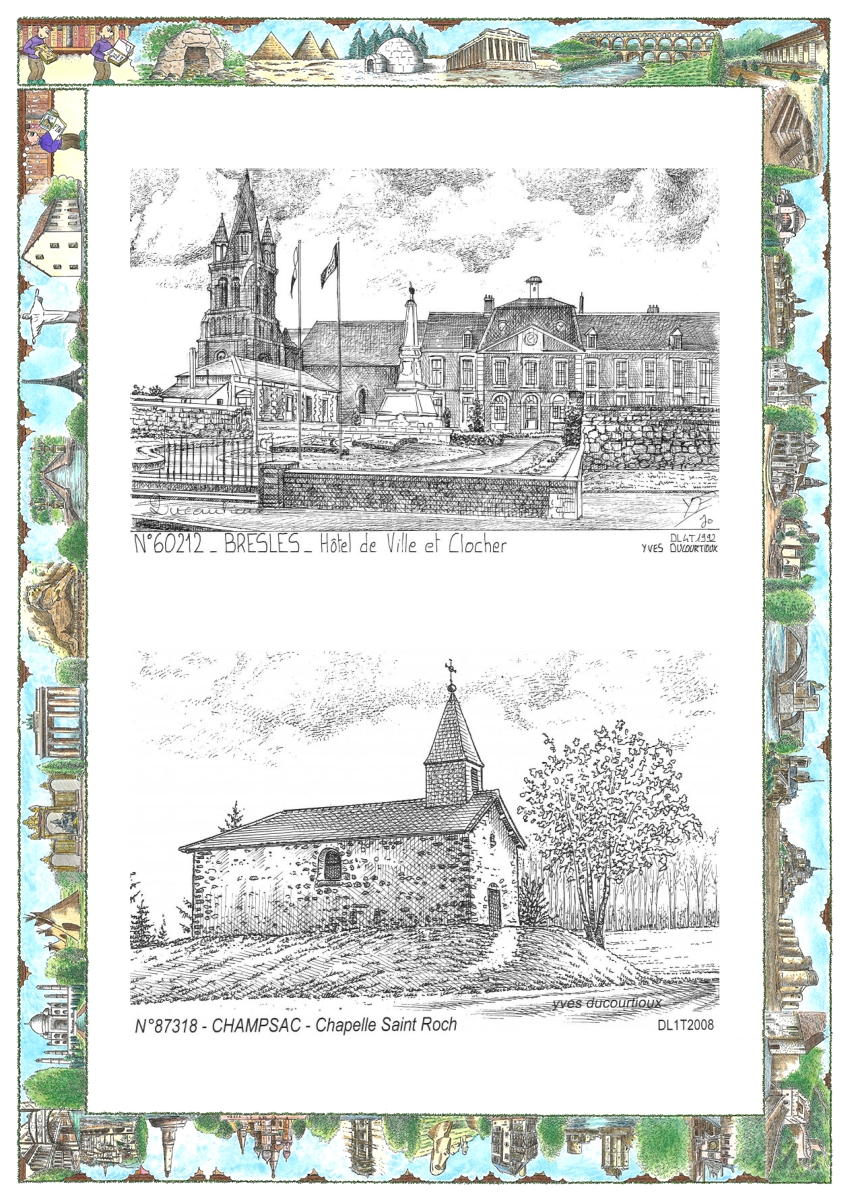 MONOCARTE N 60212-87318 - BRESLES - h�tel de ville et clocher / CHAMPSAC - chapelle st roch