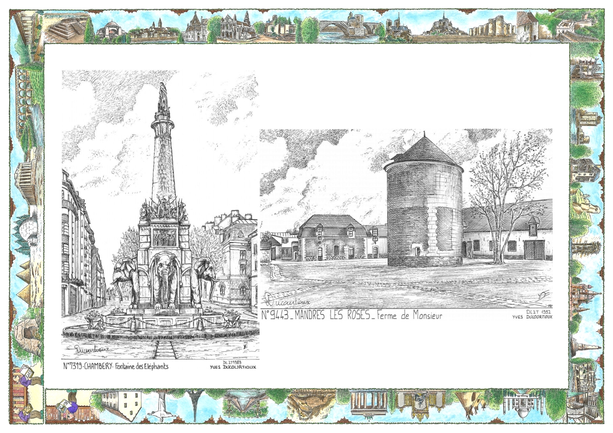 MONOCARTE N 73019-94043 - CHAMBERY - fontaine des �l�phants / MANDRES LES ROSES - ferme de monsieur (mairie)