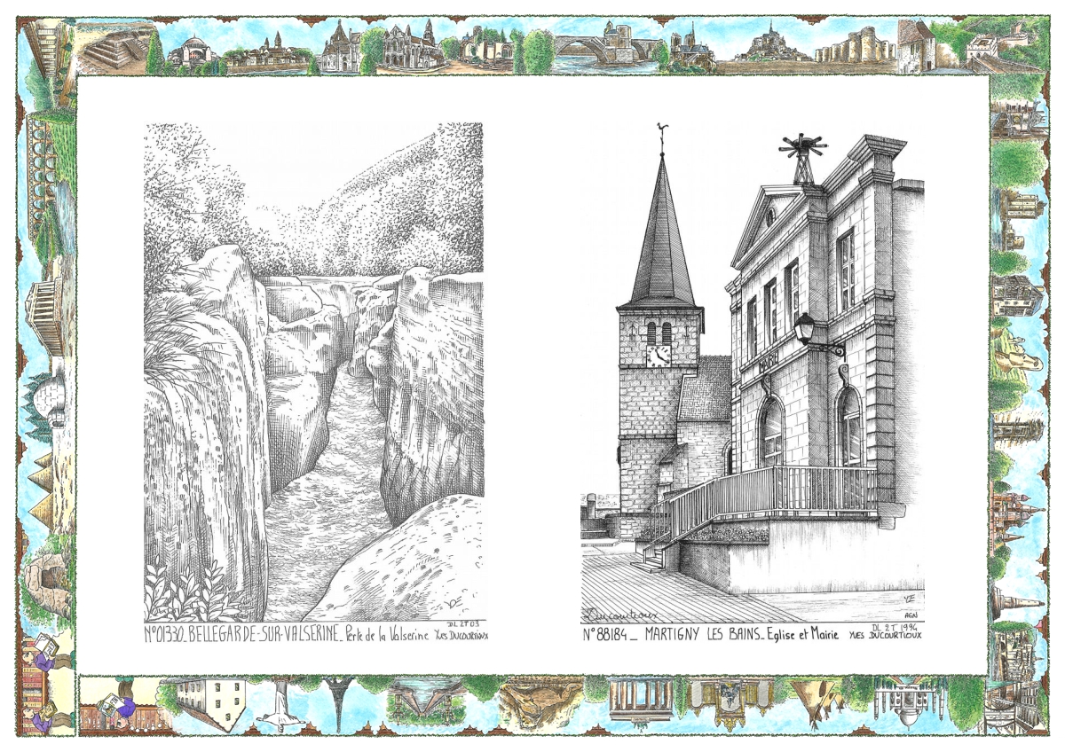 MONOCARTE N 01330-88184 - BELLEGARDE SUR VALSERINE - perte de la valserine / MARTIGNY LES BAINS - église et mairie