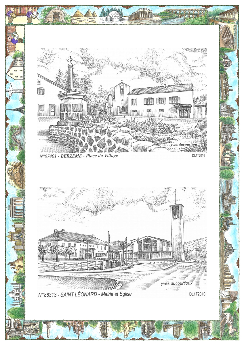 MONOCARTE N 07401-88313 - BERZEME - place du village / ST LEONARD - mairie et église