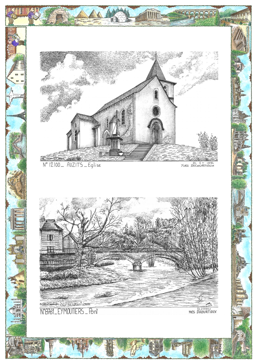 MONOCARTE N 12100-87061 - AUZITS - église / EYMOUTIERS - pont