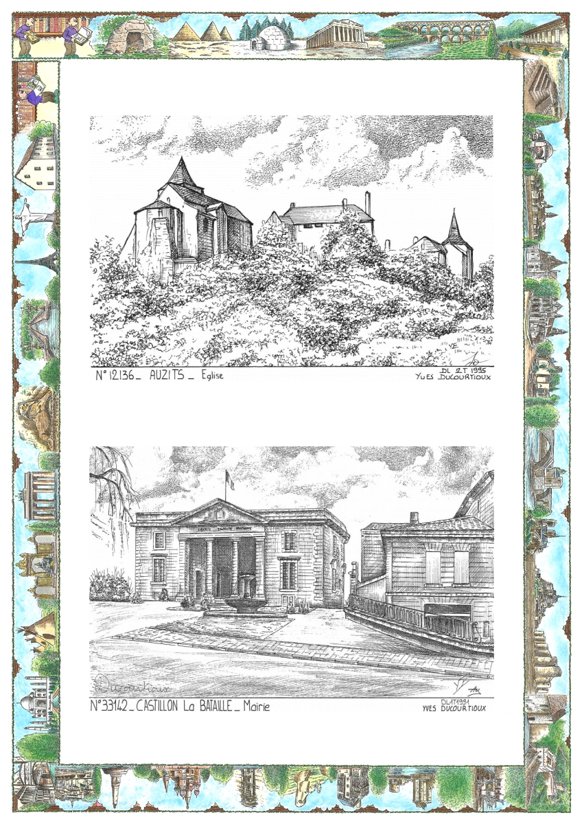 MONOCARTE N 12136-33142 - AUZITS - église / CASTILLON LA BATAILLE - mairie