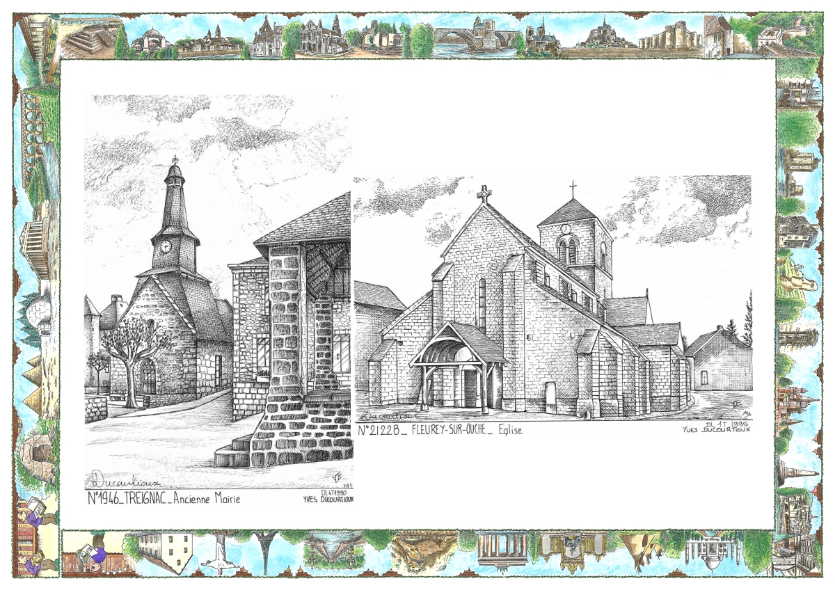 MONOCARTE N 19046-21228 - TREIGNAC - ancienne mairie / FLEUREY SUR OUCHE - église