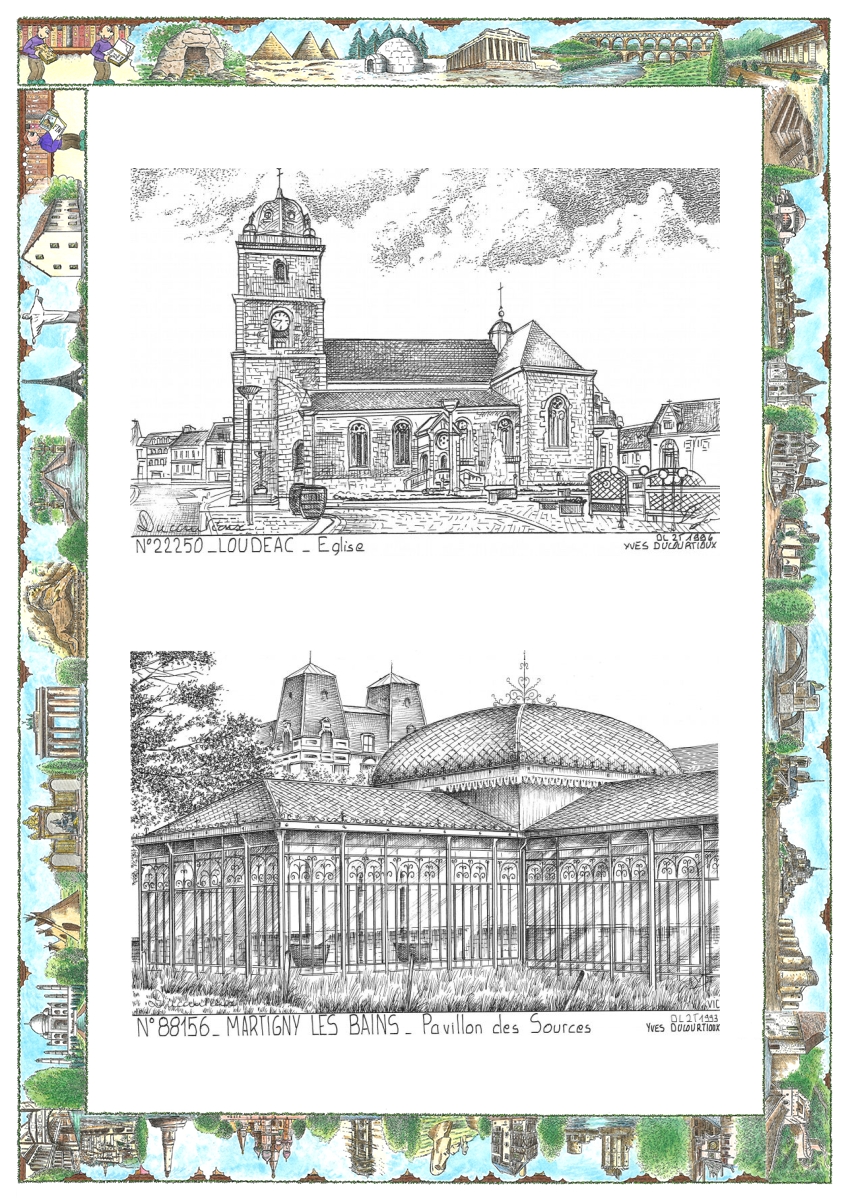 MONOCARTE N 22250-88156 - LOUDEAC - église / MARTIGNY LES BAINS - pavillon des sources