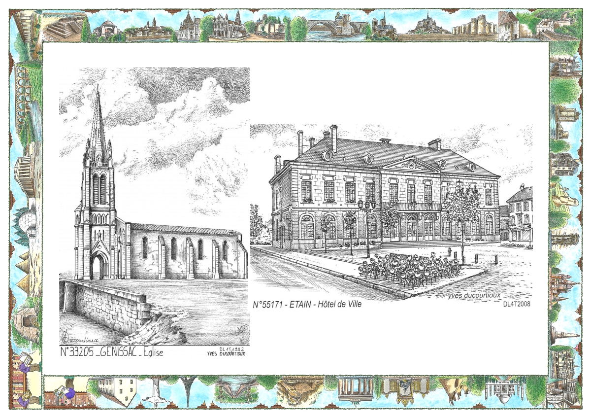 MONOCARTE N 33205-55171 - GENISSAC - église / ETAIN - hôtel de ville