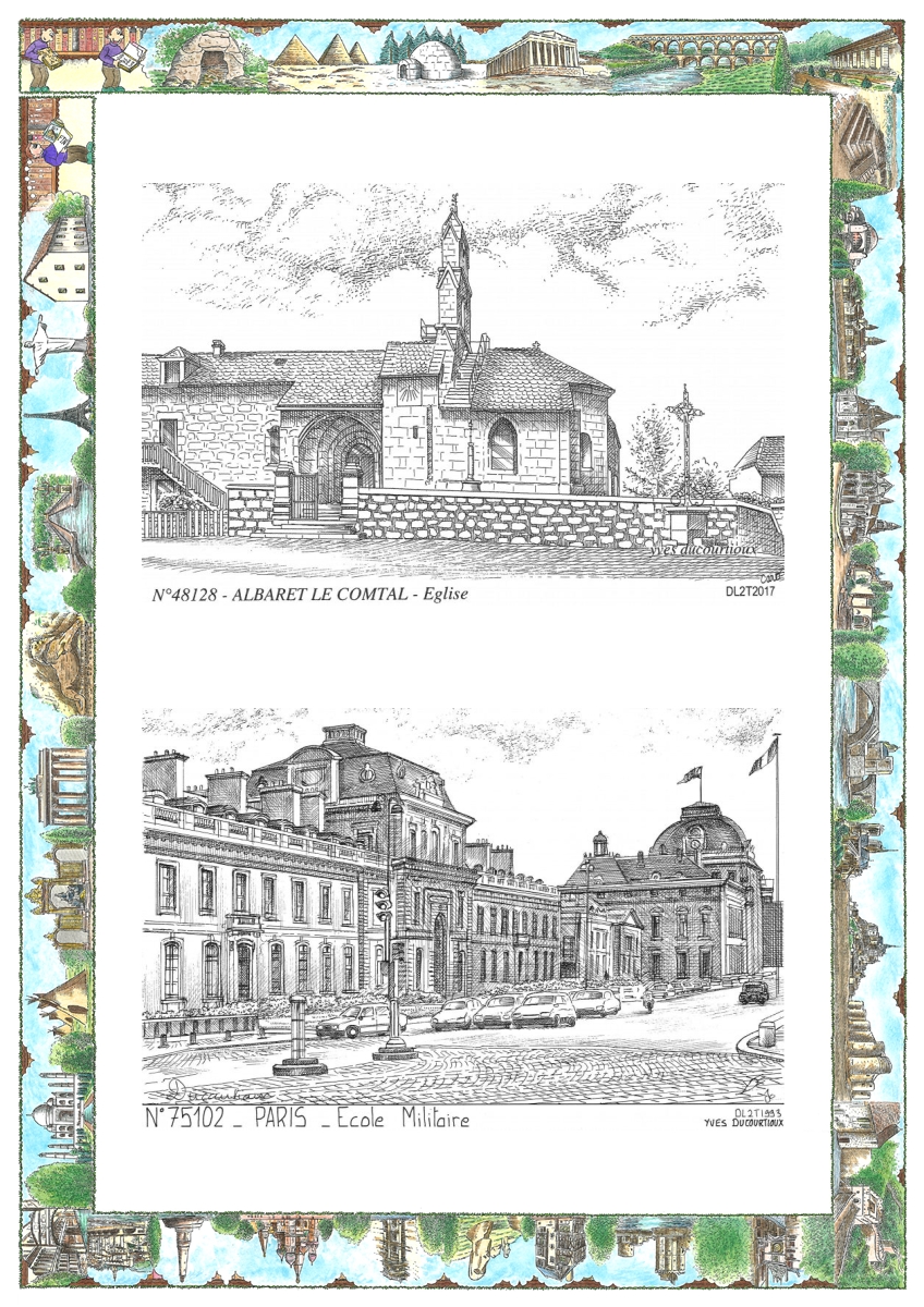 MONOCARTE N 48128-75102 - ALBARET LE COMTAL - église / PARIS - école militaire
