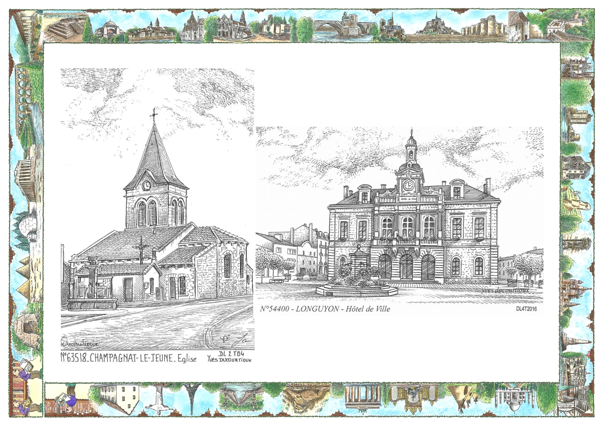 MONOCARTE N 54400-63518 - LONGUYON - hôtel de ville / CHAMPAGNAT LE JEUNE - église
