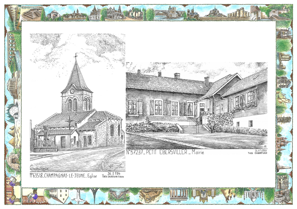 MONOCARTE N 57237-63518 - PETIT EBERSVILLER - mairie / CHAMPAGNAT LE JEUNE - église