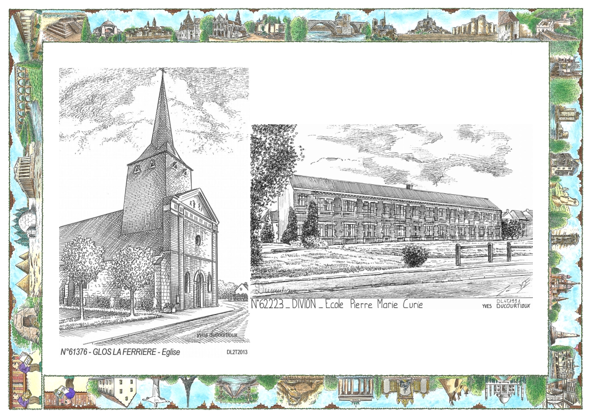 MONOCARTE N 61376-62223 - GLOS LA FERRIERE - église / DIVION - école pierre marie curie