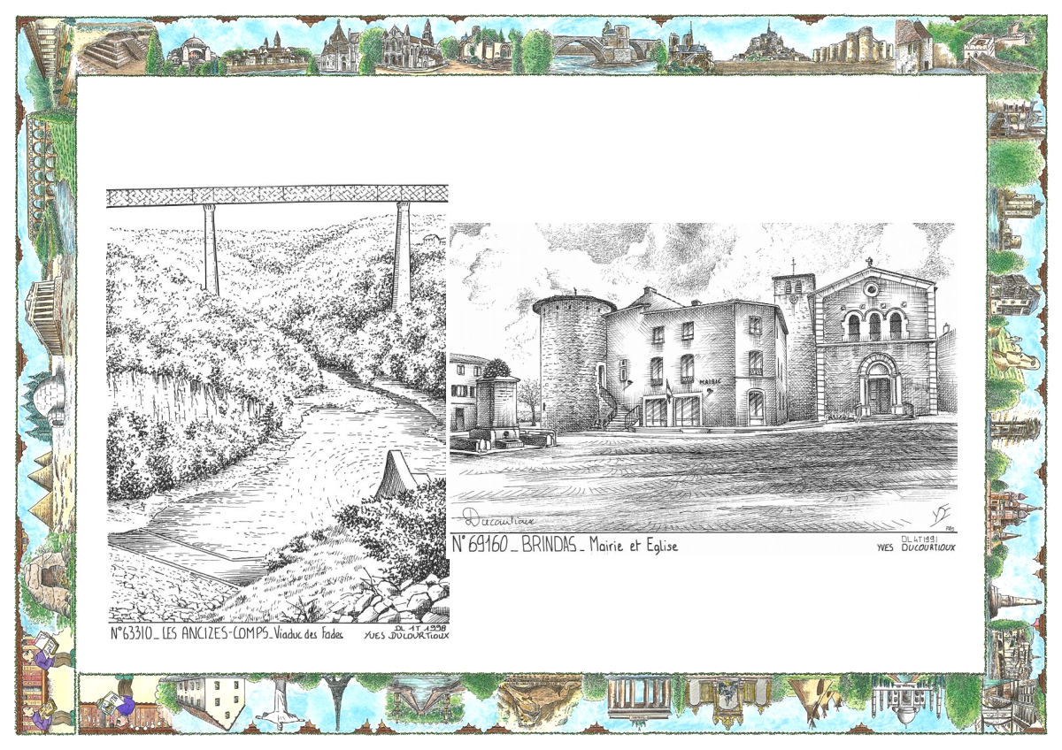 MONOCARTE N 63310-69160 - LES ANCIZES COMPS - viaduc des fades / BRINDAS - mairie et église