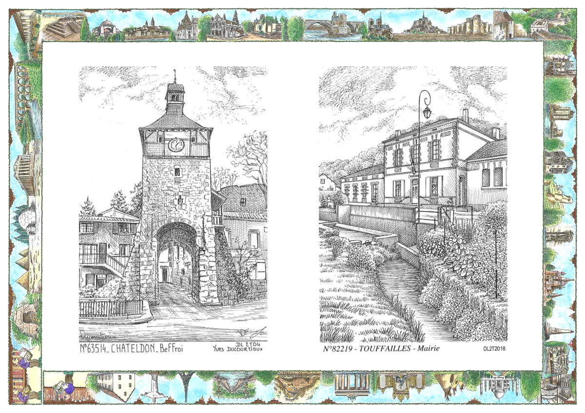 MONOCARTE N 63514-82219 - CHATELDON - beffroi / TOUFFAILLES - mairie