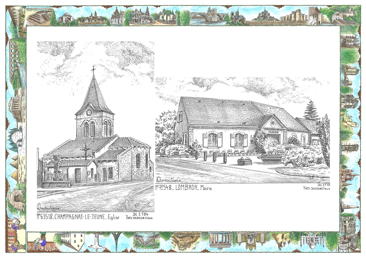 MONOCARTE N 63518-72548 - CHAMPAGNAT LE JEUNE - église / LOMBRON - mairie